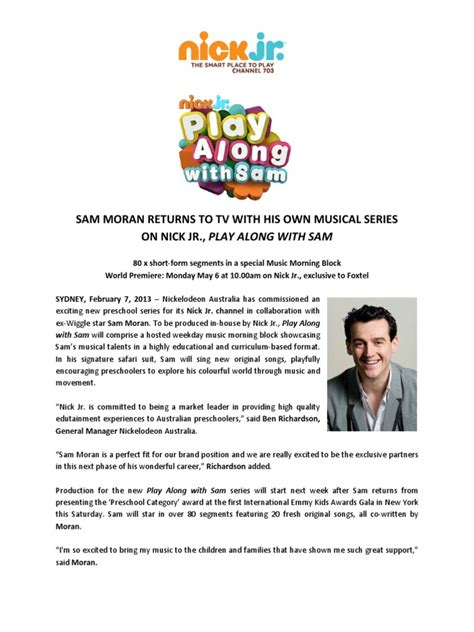 Sam Moran Returns To TV With His Own Musical Series On Nick JR., Play ...