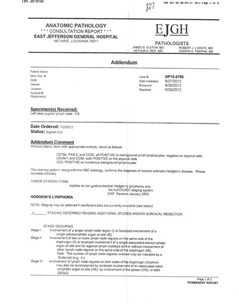 BIOPSY RESULTS: NODULAR SCLEROSIS HODGKIN’S LYMPHOMA – Craig