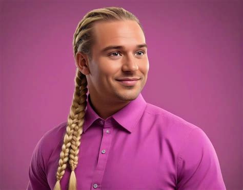 Premium Photo | Man portrait manly face headshot a man with long blonde hair and a purple shirt