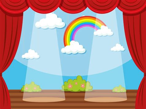 a stage with red curtains and a rainbow in the sky