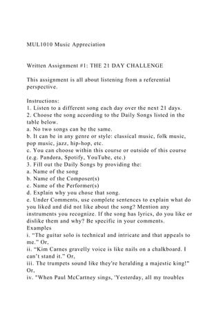 MUL1010 Music AppreciationWritten Assignment #1 THE 21 DAY .docx