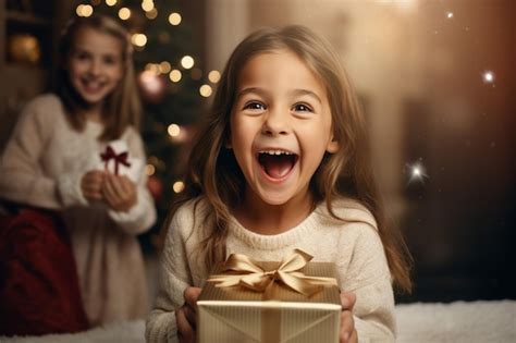 Premium AI Image | a little girl opening a present surprised with her ...