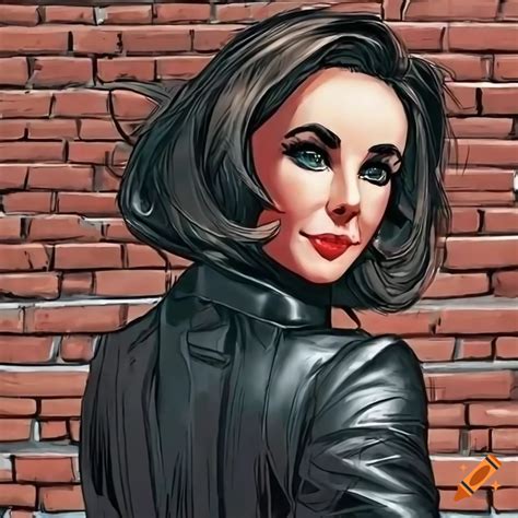 Woman with a bob haircut in black leather coat against a brick wall on ...