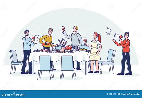 People Toasting Standing Around Holiday Dinner Table. Cartoon Friends ...