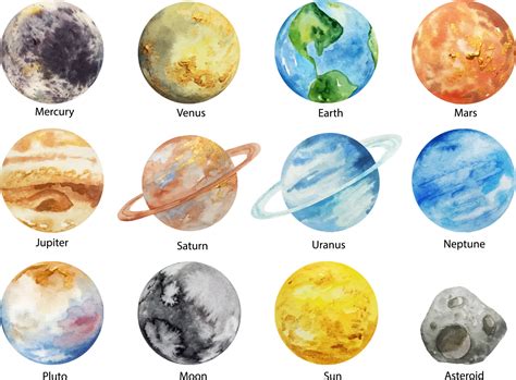 Watercolor solar system planets on white background. Sun, Mercury ...