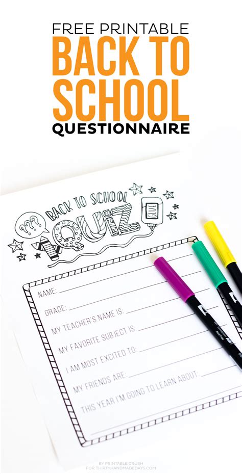 FREE Printable Back to School Questionnaire - Thirty Handmade Days