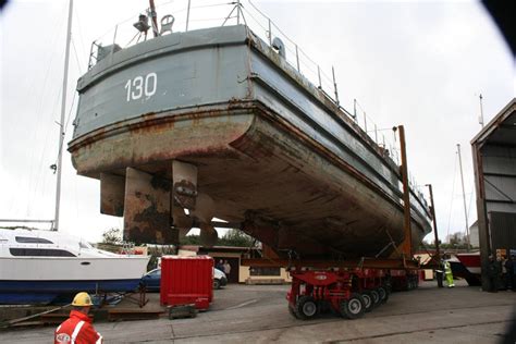 Schnellboot S130, the sole surviving WW2 E-boat, being moved to a restoration site, Cornwall ...