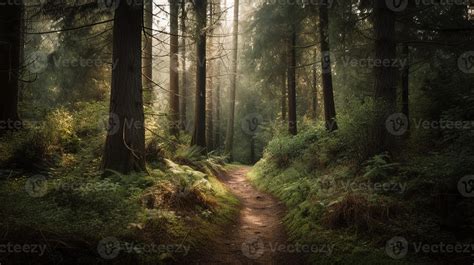 Foggy path through the forest ,Sunset in a dark forest with rays of light passing through the ...