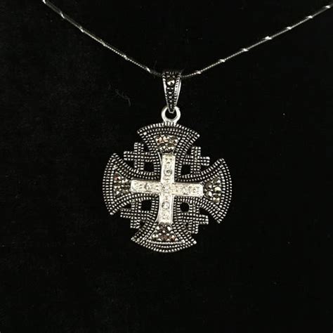 Jerusalem Cross Necklace with Black Gemstones Multi Layers (S) Sterlin ...