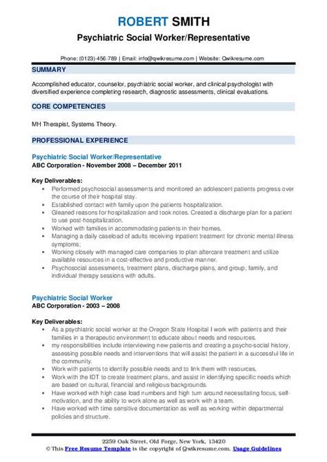 Psychiatric Social Worker Resume Samples | QwikResume