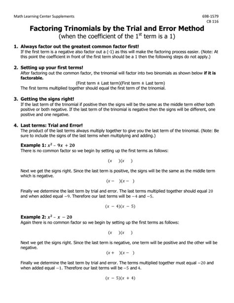 Factoring Trinomials by the Trial and Error Method