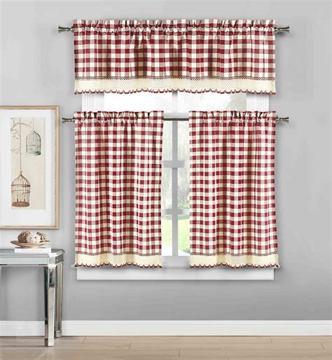 3 Piece Plaid, Checkered, Gingham Kitchen Curtain Set: 35% Cotton, 1 Valance, 2 Tier Panels ...