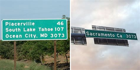 Highway signs in Sacramento and Ocean City, Md., show their mileage from one another ...