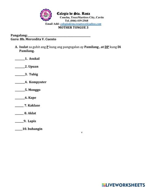 Pangngalang pamilang at di pamilang worksheet