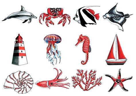 Marine set red-black color. Vector EPS illustration marine animals. 21347225 Vector Art at Vecteezy