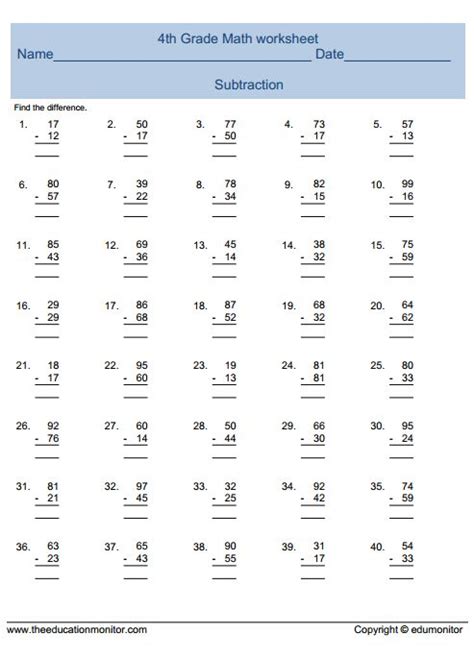 the fourth grade math worksheet is filled with subtractions and numbers