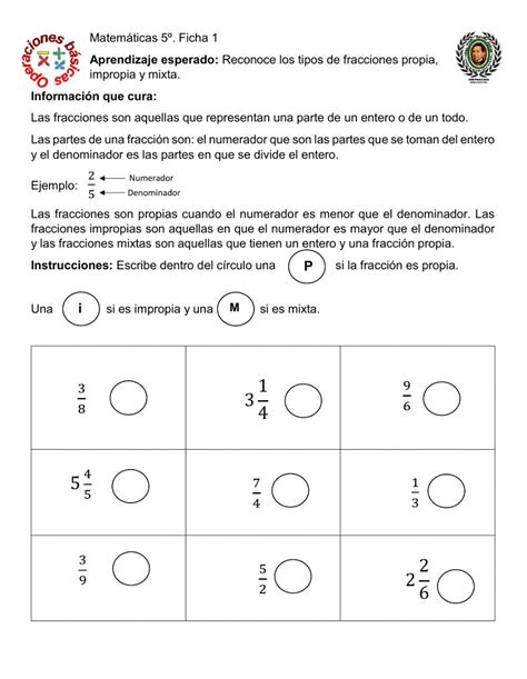 Fracciones propias, impropias y mixtas. worksheet