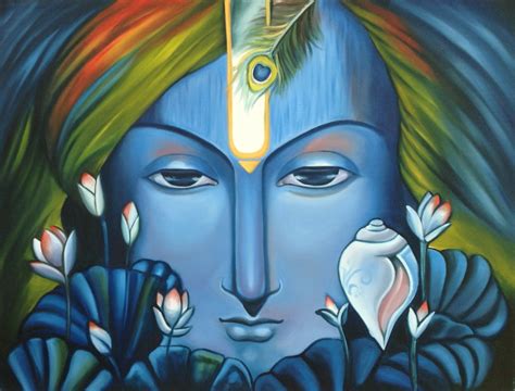 Krishna Art Handmade Indian Hindu Deity Portrait Oil on Canvas Decor ...