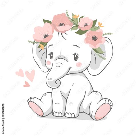 Cute baby elephant with wreath of pink flowers vector illustration ...