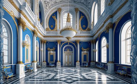 A realistic fantasy blue interior of the royal palace. golden blue palace. castle interior ...