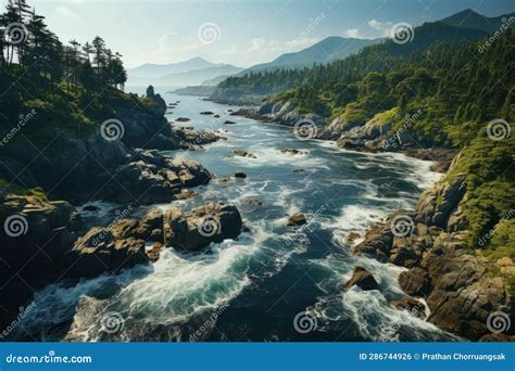 Top View of Drone Shot, River Water To Ocean with Island. Stock Photo ...