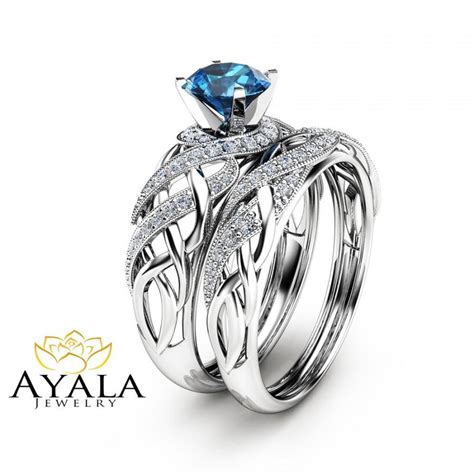 London Blue Topaz Bridal Set In 14K White Gold Unique Engagement Rings Art Deco Styled Bridal ...