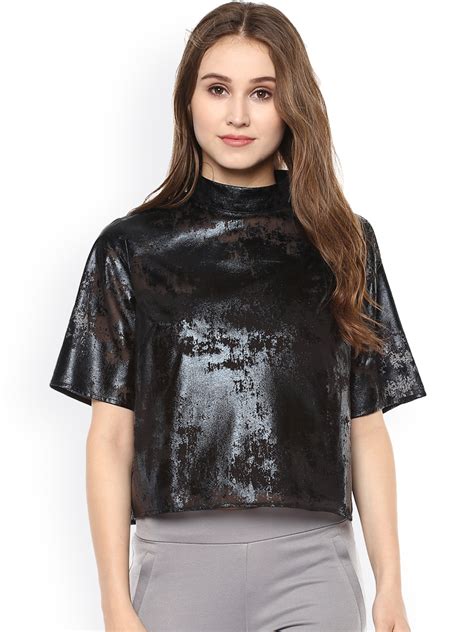 Buy Kazo Women Black Solid Boxy Top With Sheen - Tops for Women 2150578 | Myntra