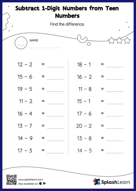 Subtract 1-Digit Numbers from Teen Numbers: Vertical Subtraction - Math Worksheets - SplashLearn