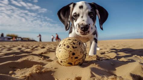 A spirited Dalmatian puppy, covered in distinct black spots, happily playing with a ball on a ...