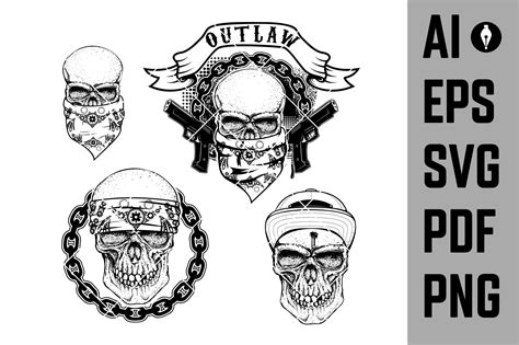 Set of gangster tattoo. Hand drawn skull with bandana. Skull (1680749 ...