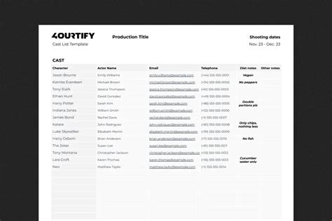 Cast & Crew Contact List Template - Fourtify