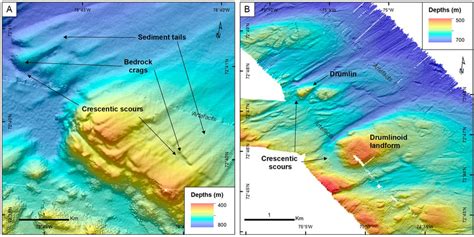 A. Examples of crag-and-tails, with crescentic scours in front of their ...