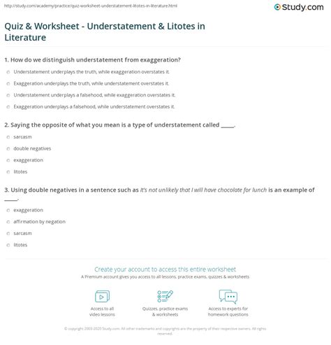 Quiz & Worksheet - Understatement & Litotes in Literature | Study.com