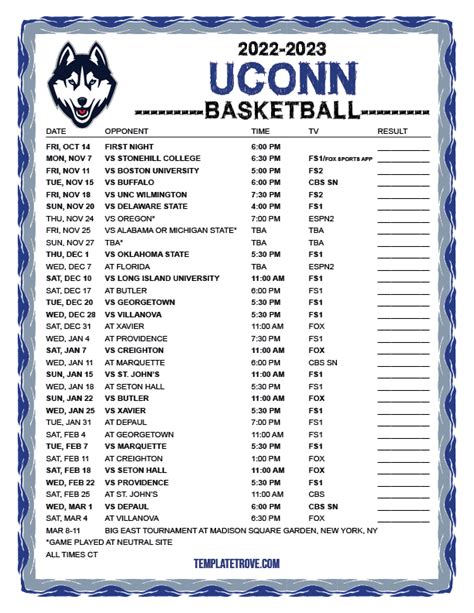 Printable 2022-2023 UConn Huskies Basketball Schedule