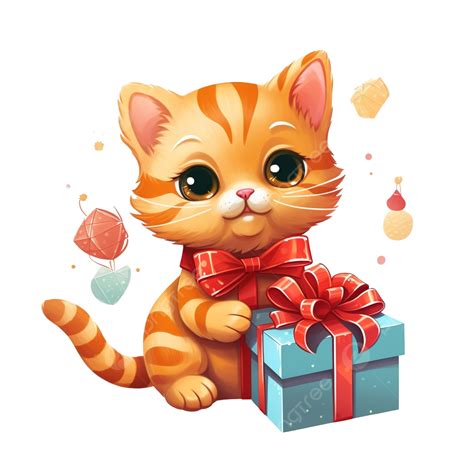 Cartoon Cat Animal Character With Gift On Christmas Time, Christmas Cat, Santa Gift, Funny ...