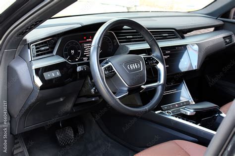 Vinnytsia, Ukraine; September 19, 2023. Audi E-Tron steering wheel. Audi E-Tron driver seat ...