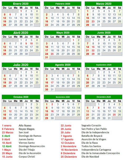 Puente 2020 Calendario Con Festivos En Colombia