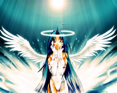 2560x1080 resolution | blue haired anime girl with halo and wings HD wallpaper | Wallpaper Flare