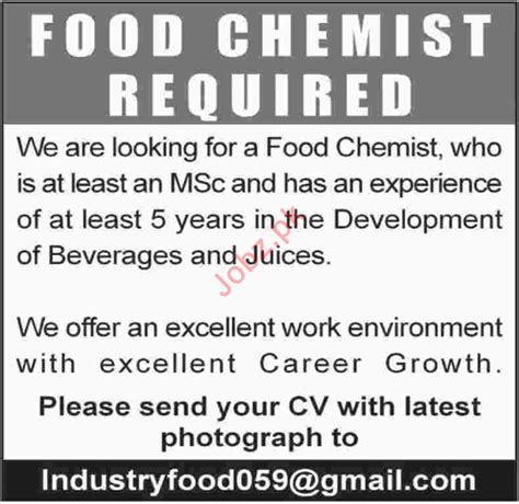 Food Chemist Jobs at Food Company 2020 Job Advertisement Pakistan