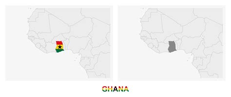 Two versions of the map of Ghana, with the flag of Ghana and highlighted in dark grey. 17038641 ...