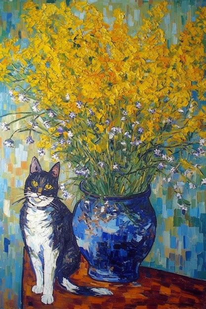 Premium AI Image | A painting of a cat and a vase of flowers.