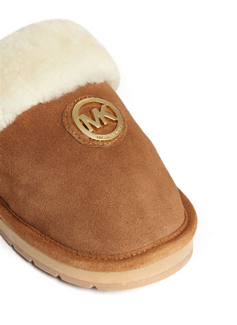 Michael Kors Fur Trim Suede Slippers in Brown - Lyst