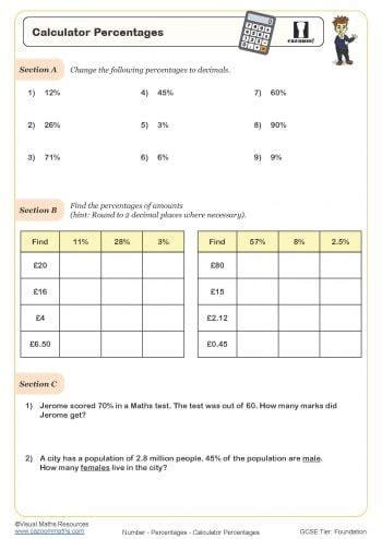 KS3 and KS4 Percentages Worksheets - Printable Percentages of Amounts Worksheets - Increasing ...