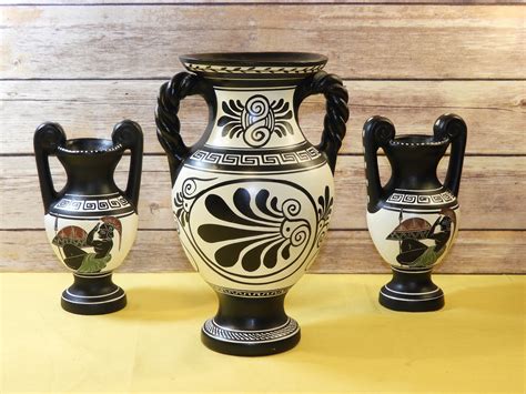 Vintage Greek Geometric Amphora Vase Urn Set (3 pcs), Black Attic ...