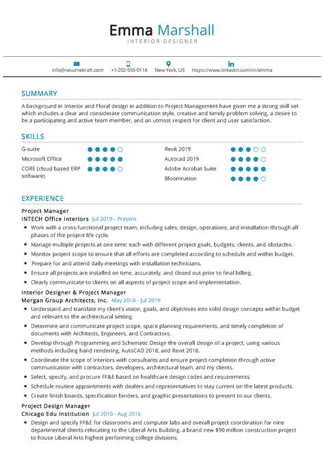 Interior Designer Resume Sample | Interior design resume, Resume design, Resume