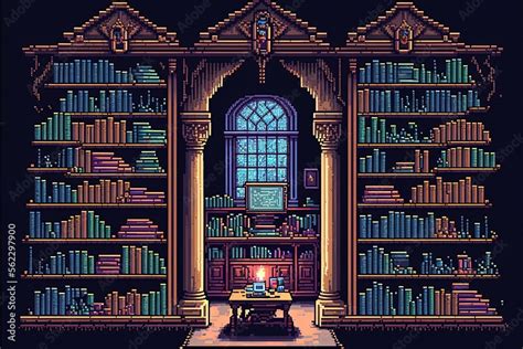 Pixel art old library, book library, background in retro style for bit ...