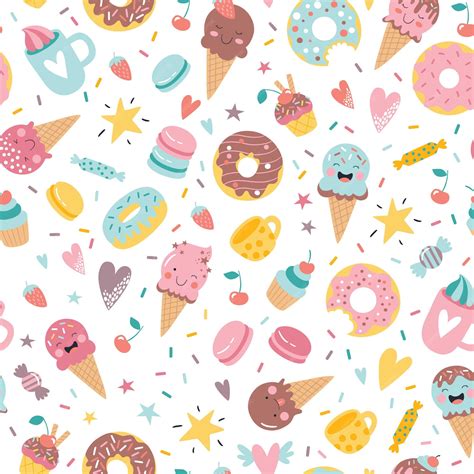 Premium Vector | Cute hand drawn ice cream donuts cupcakes candies and sweets seamless pattern ...