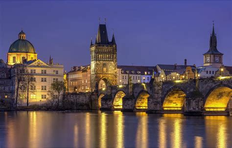 Обои ночь, огни, Прага, Чехия, Prague, Карлов мост, Charles Bridge ...