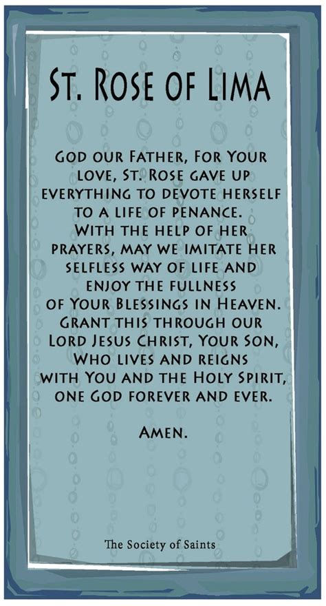 St. Rose of Lima Prayer Card