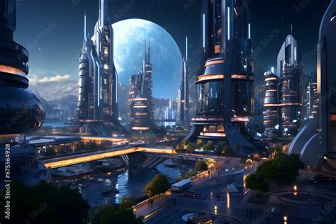 Fictional futuristic city on another planet at night Stock Illustration ...